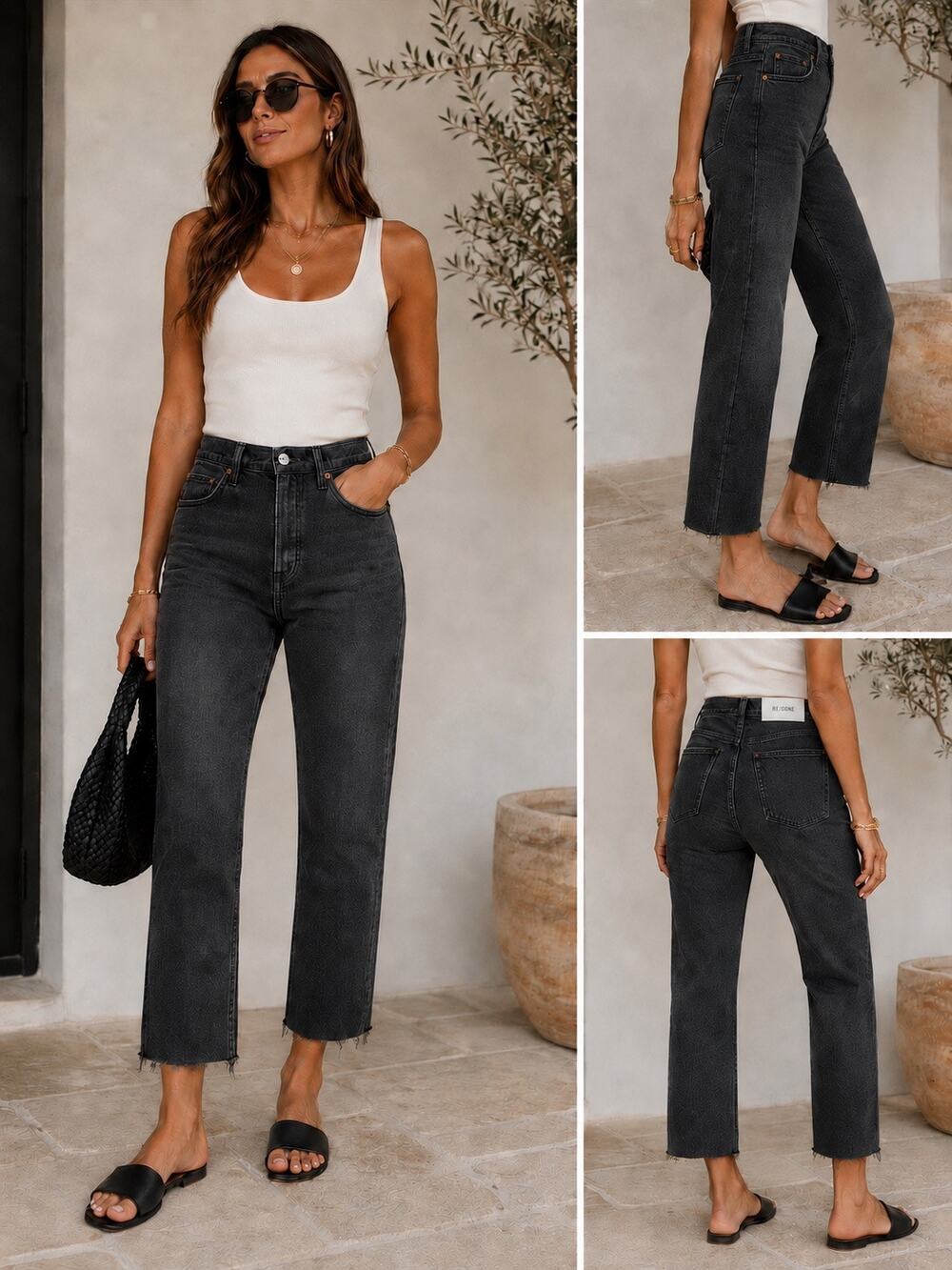 NWT RE/DONE 70s Stove Pipe Jeans 28 Washed Noir High Rise Straight Crop Raw Hem